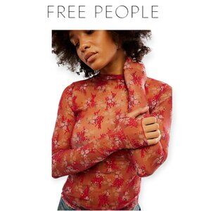 Free People Red and Pink Sheer Floral Blouse